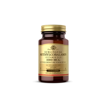 A bottle of Solgar Vitamin B-12 1000 mcg Methylcobalamin 30 Nuggets, a brain-boosting supplement, on a white background.